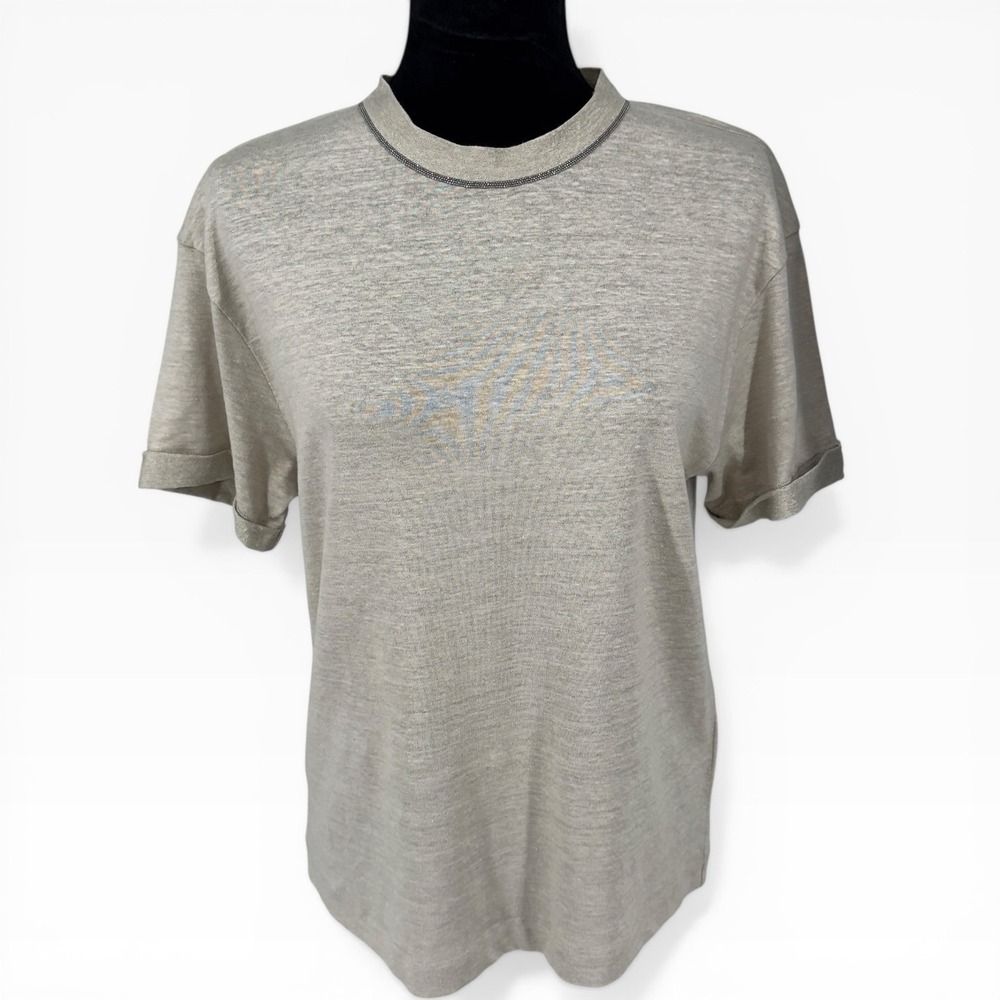 Brunello Cucinelli Monili Bead Trim Linen Blend Knit Top T-Shirt Beige Gold S